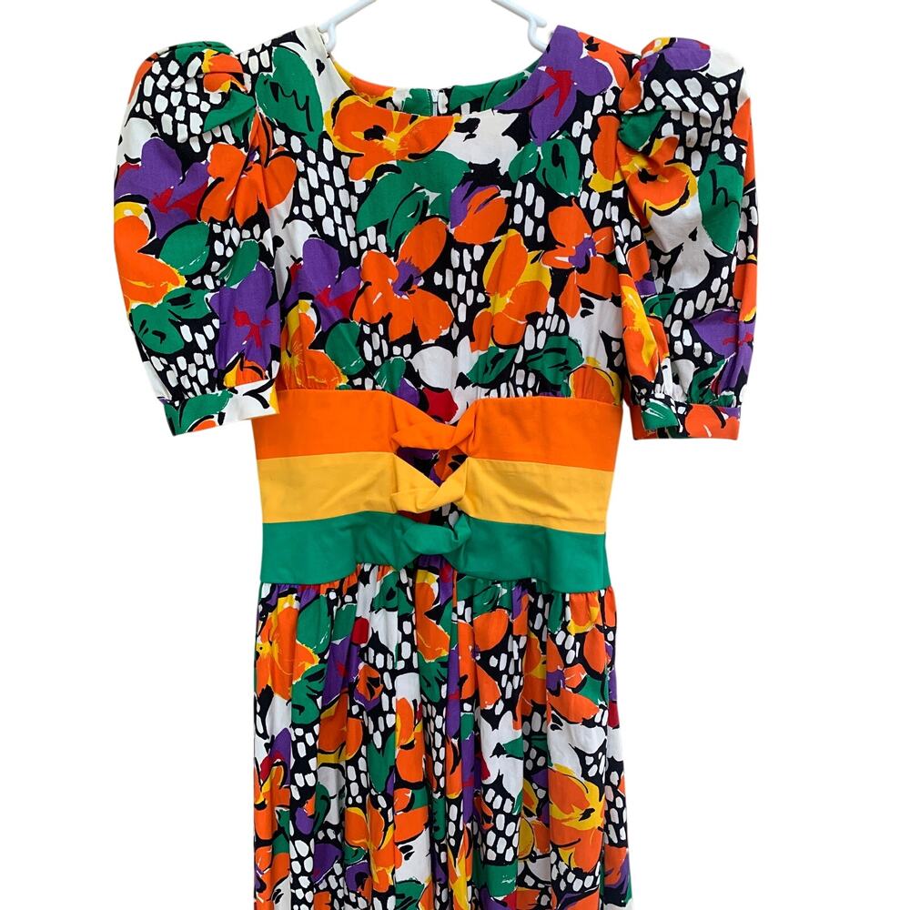 Woman's Vintage Leslie Lucks Color Explosion Cotton Flower Dress Size 6 - Picture 1 of 7